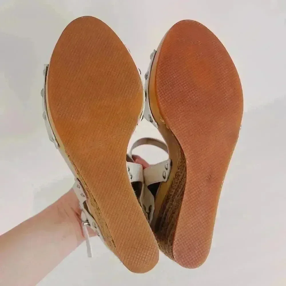 Via Spiga White Leather Wedges Woven Sandal Heels Women's Size 8
